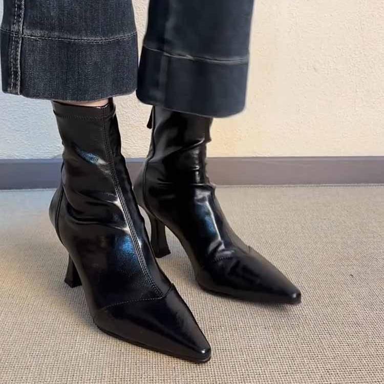 Cowhide version~ High heel pointed short boots French thin heel elastic boots women's versatile soft leather zipper leather thin boots