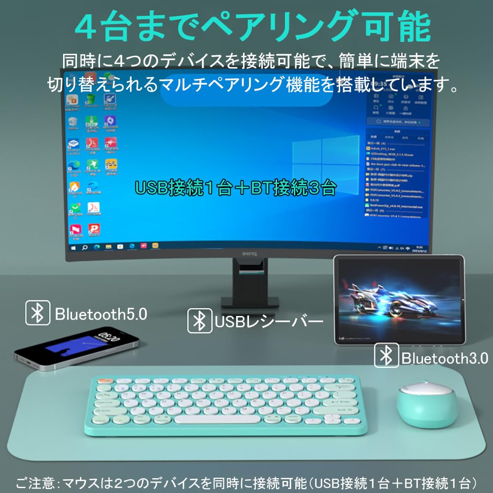Bluetooth Wireless Keyboard and Mouse Up To 4 Devices US Compatible with [Multi-connection, 2.4GHz & 5.0] Set, Cute, Multi-pairing, Simultaneously,