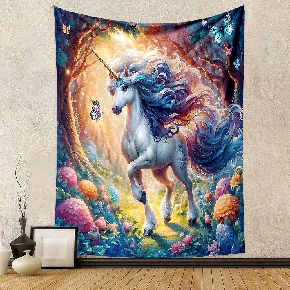 Enchanted Unicorn In Mystical Forest Patterned Tapestry Decorative Wall Hanging, Home Bedroom Living Room Decor