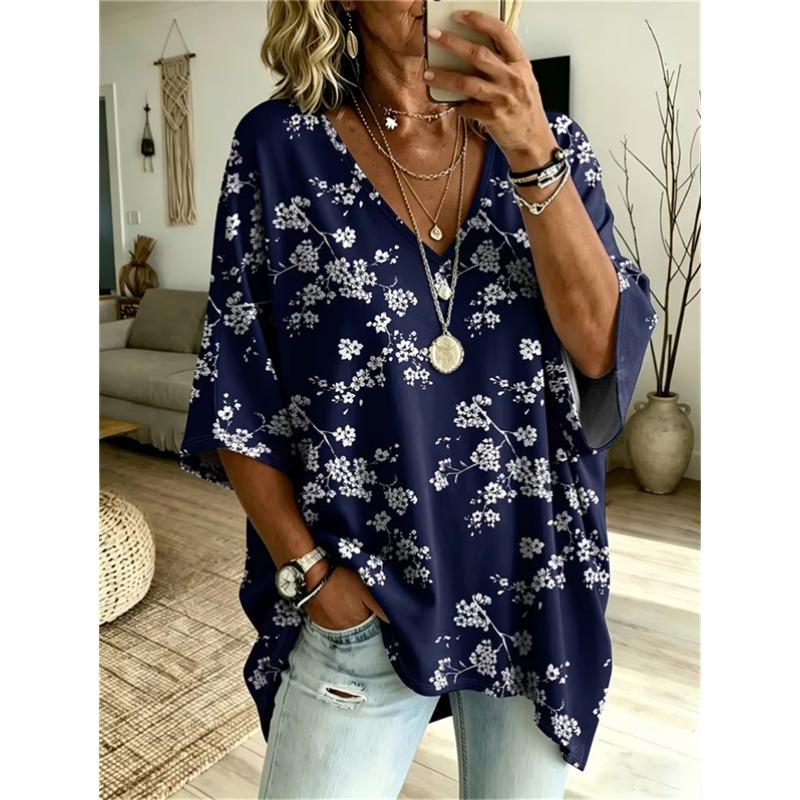 Übergrößen Damen V-Ausschnitt Fledermausärmel T-Shirt Bohemian Ethnischer Druck Lockerer Oberteil Sommer Bequem Atmungsaktiv Tägliches Pendeln Lässig Schlankmachender Stil