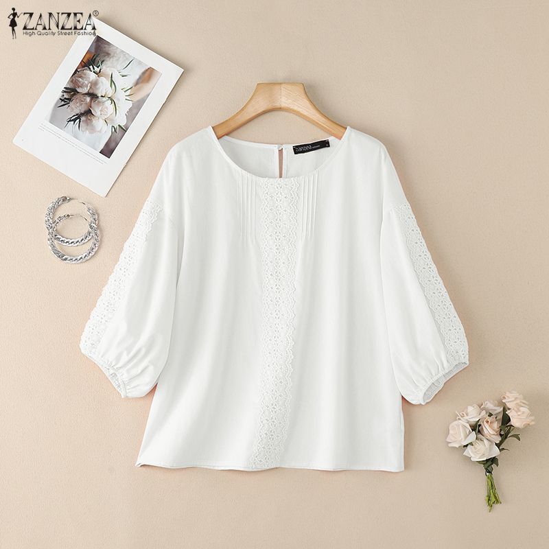 ZANZEA Women Casual Lace Crochet Splice Loose 3/4 Sleeve Blouse