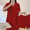 Big Red Love Light Luxury Pajamas Women's Spring and Summer Short-sleeved Trousers Festive Wedding Loungewear Imitation Cotton Three-piece Set