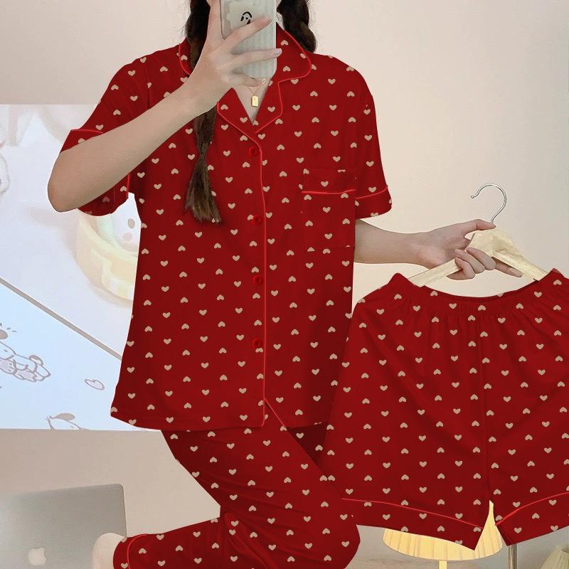 Big Red Love Light Luxury Pajamas Women's Spring and Summer Short-sleeved Trousers Festive Wedding Loungewear Imitation Cotton Three-piece Set
