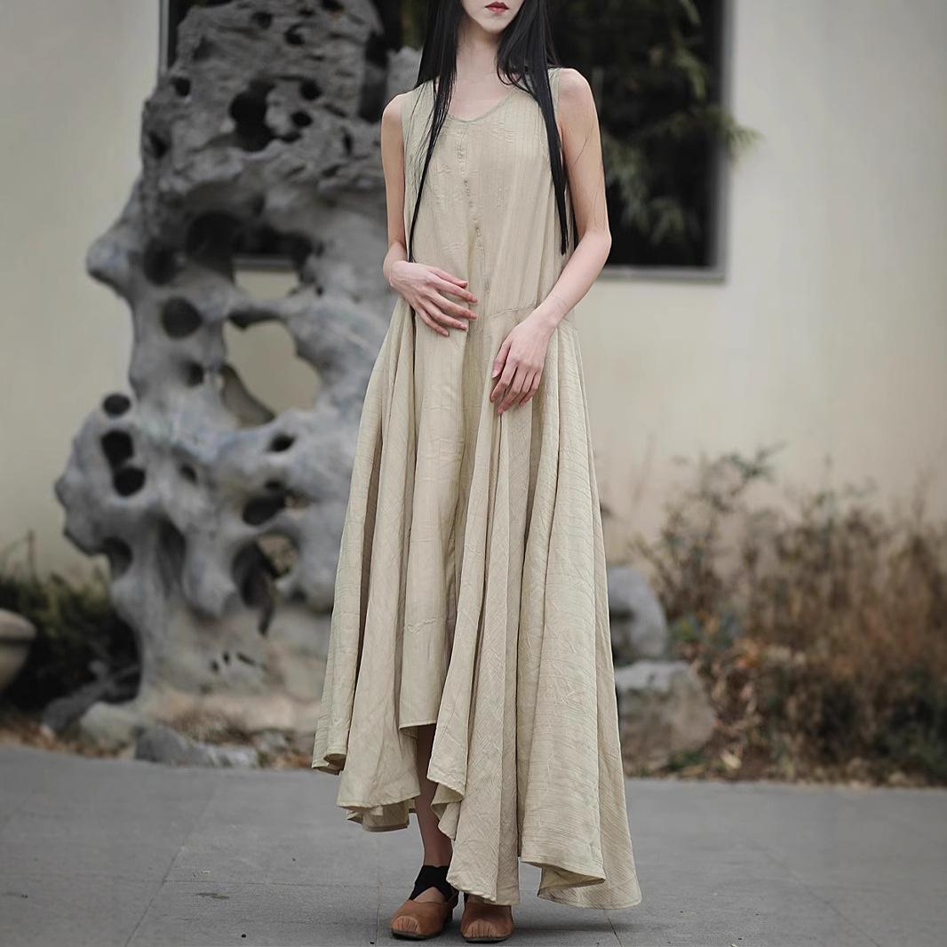 

Johnature Women Irregular Solid Color Casual Dress Summer O-Neck Sleeveless Belt Soft Female Dress One Size