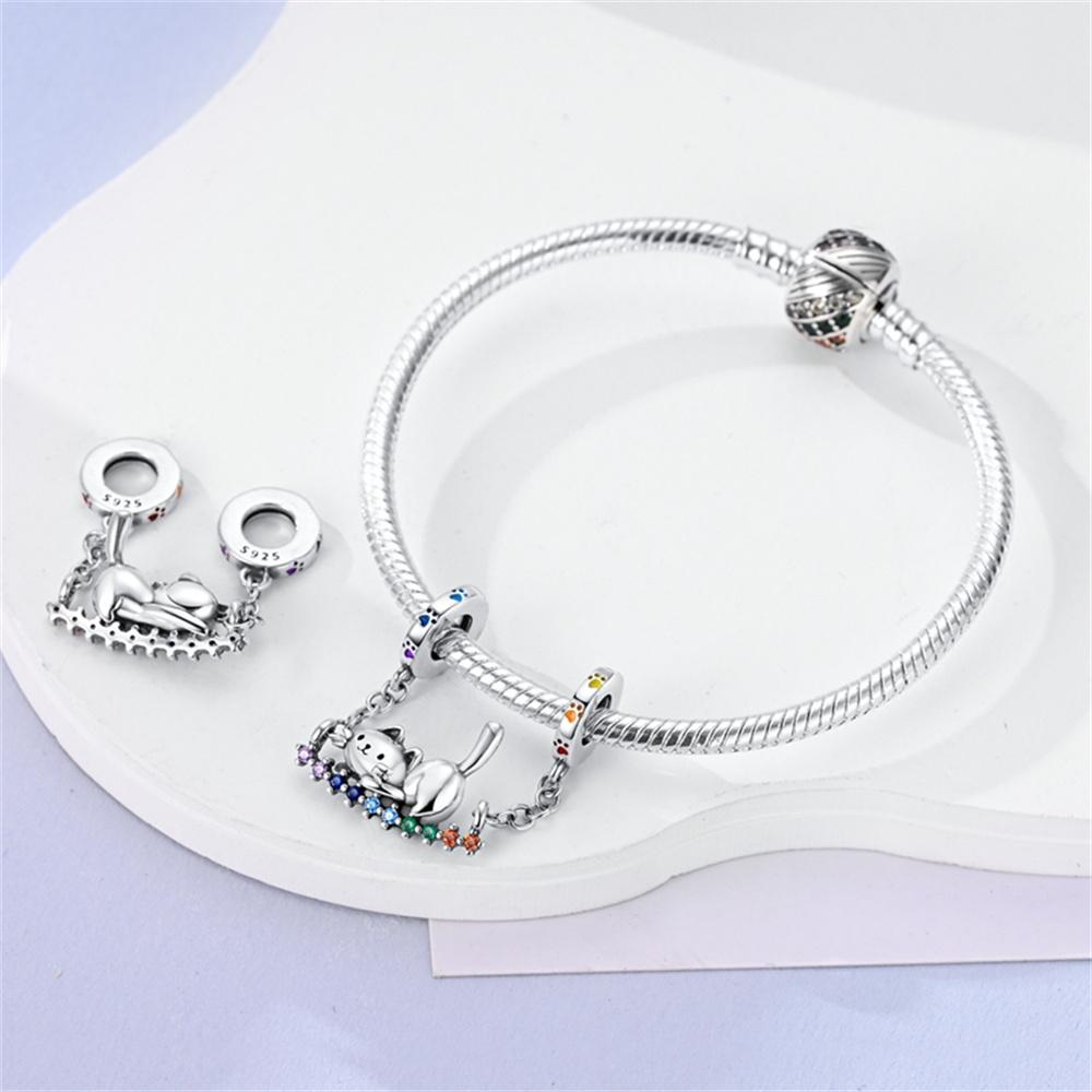 New 925 Silver Cute Cat Dog Charm Heart Pendant Beads Fit Bracelet DIY Women Jewelry Fine Gift