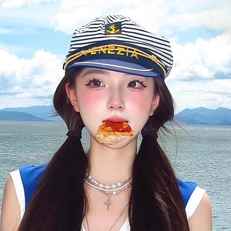 

Британская винтажная полосатая матросская шляпа с плоским верхом темно-синего цвета, женская летняя для косплея, вечеринки, капитанская восьмиугольная беретка One Size
