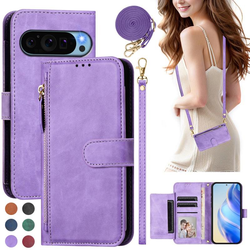 Wireless Charging Lanyard Leather Phone Case for Google Pixel 10 Pro XL 9 9A 8 8A 7 7A 6 6A 5 5A Zipper Wallet Card Flip Cover