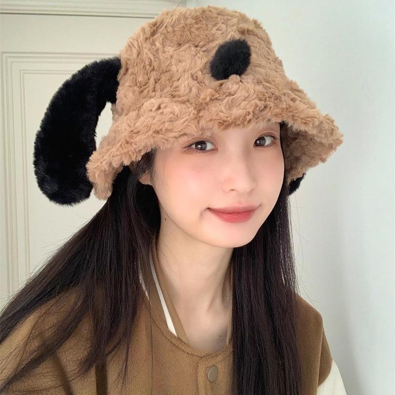 Cute puppy plush bucket hat female autumn and winter white fluffy face small warm ear protector hat student versatile