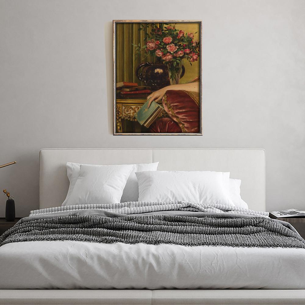 Sitting On The Sofa Reading A Book Eclectic Wall Art Poster Vintage Rose Floral Baroque Oil Painting Picture Living Room Decor