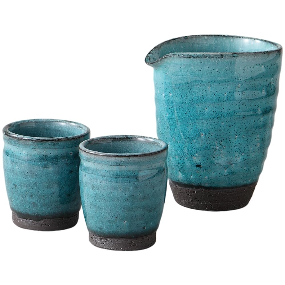 Sake Tokkuri and Sake Cup x 8 x Blue Cold Sake Mino Ware Made in Japan Ale-net Set, Set, 9.8 H11cm, 300cc, Powder-glazed, Set, Porcelain,