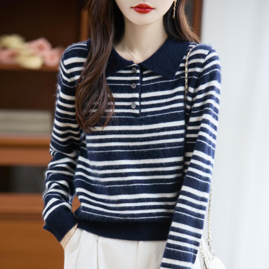 Women's Early Autumn Hong Kong Striped Color Block Polo Collar Knit Top - Stylish, Niche Lapel Loose Fit