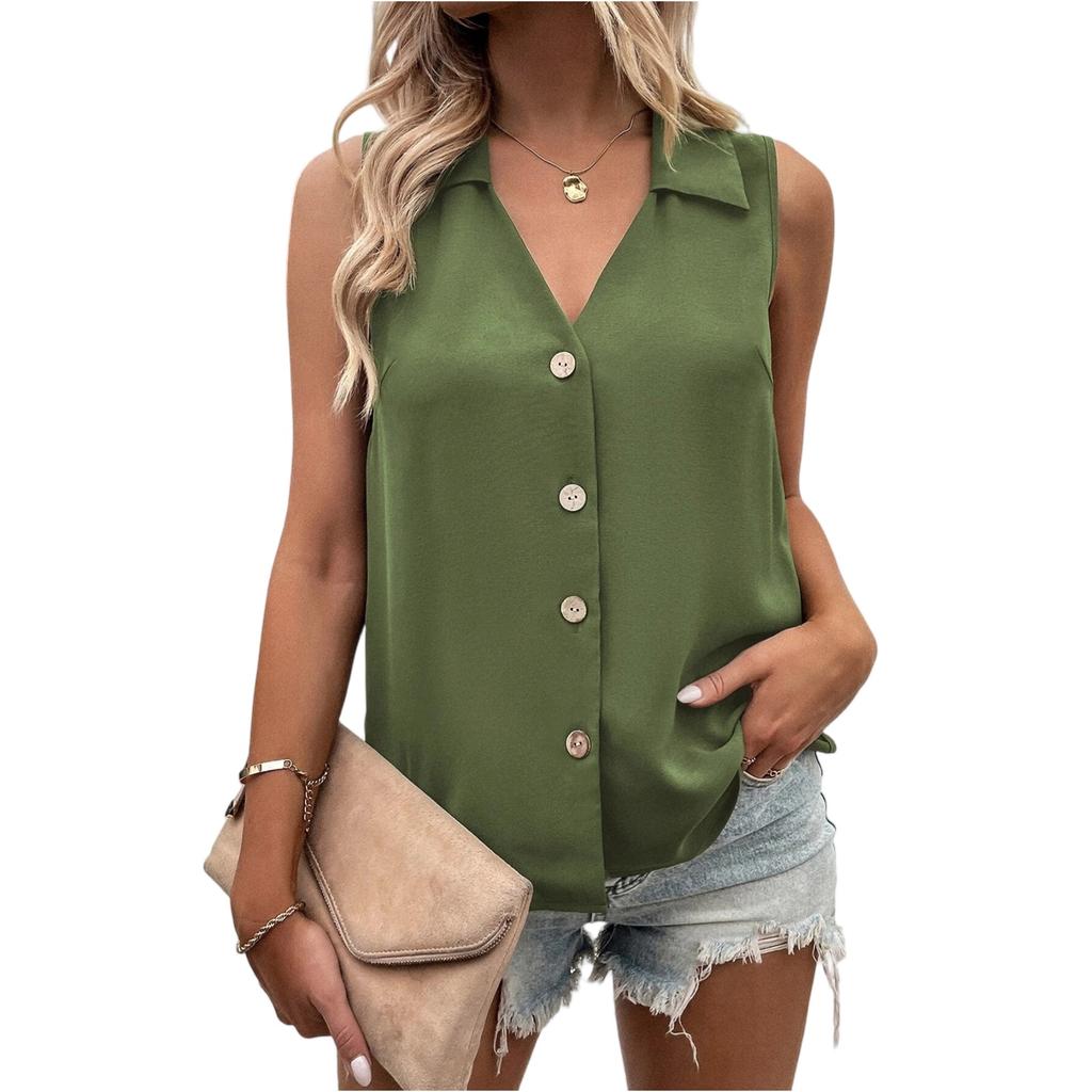 Fashionable Women's V-neck Loose Chiffon Shirt Sleevelessbutton Shirt