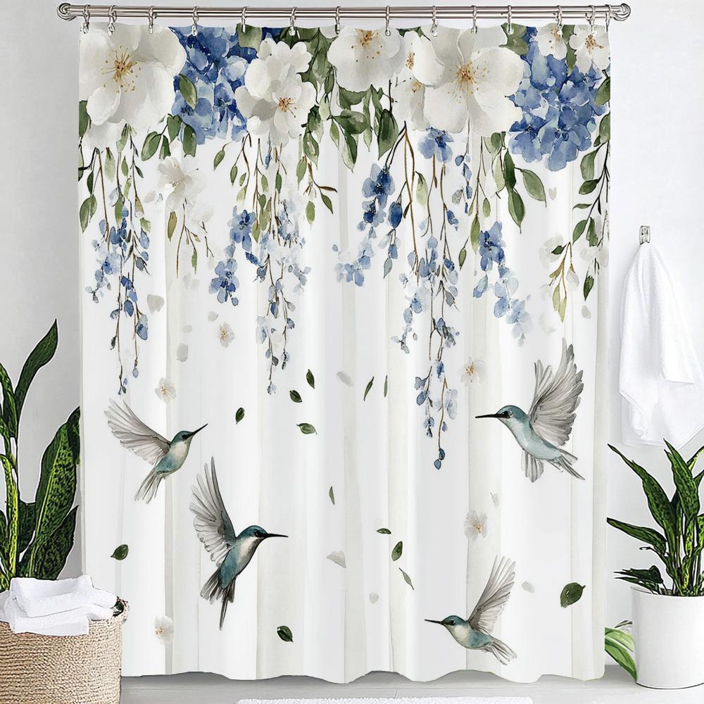 Blue Watercolor Plants Flower and Bird Print Waterproof Shower Curtain Partition Privacy Hanging Curtain with 12 Hooks Washable