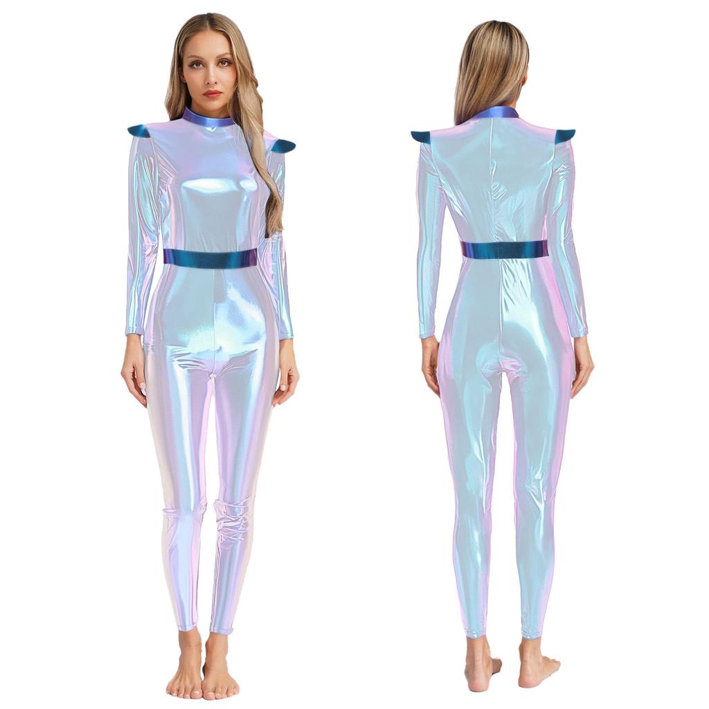 Women's Halloween Space Cadet Costume Long Sleeves Jumpsuit Dance Unitard for Rave Party