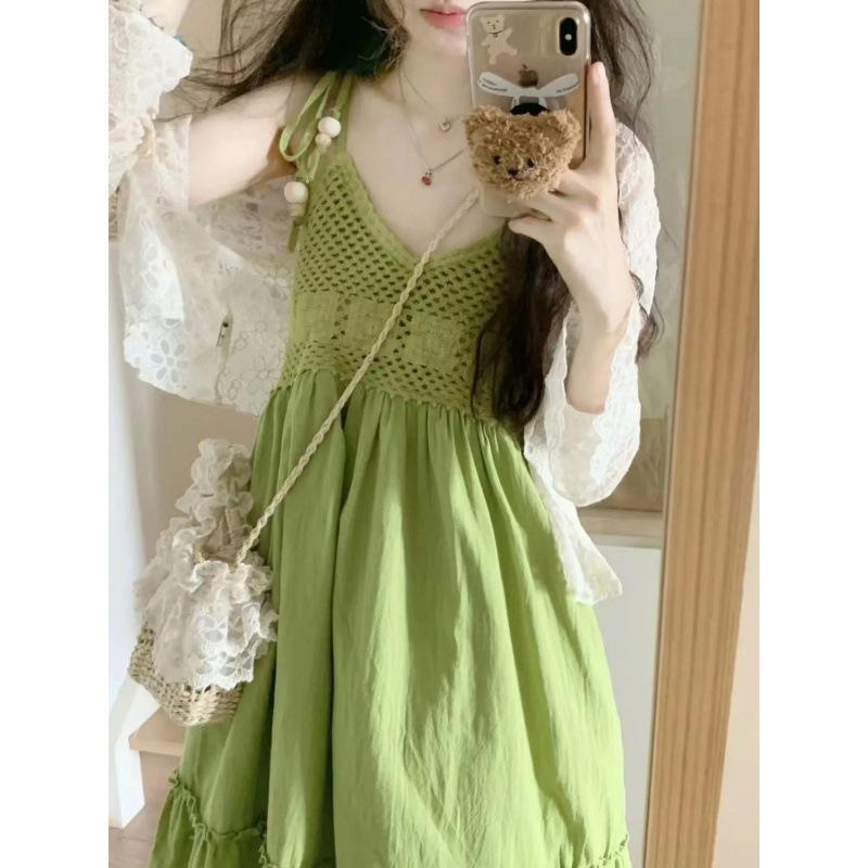 Dress summer suit cold feeling long dress looking thin lazy style suspender small man two-piece set