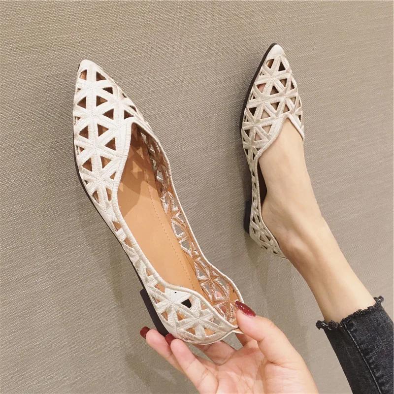 Women Summer Pointed Versatile Hollow Leisure Flat Soled Shoes Comfortable Lightweight Sandals Fashion Elegant Single Shoes