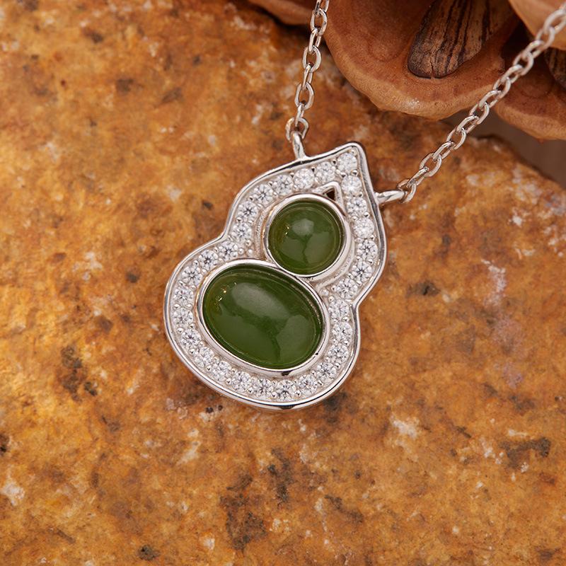 Natural Garnet Turquoise Hetian Jade Lapis Lazuli Nanhong Gourd Pendant Necklace Women'S Set S925 Sterling Silver Colored Treasure