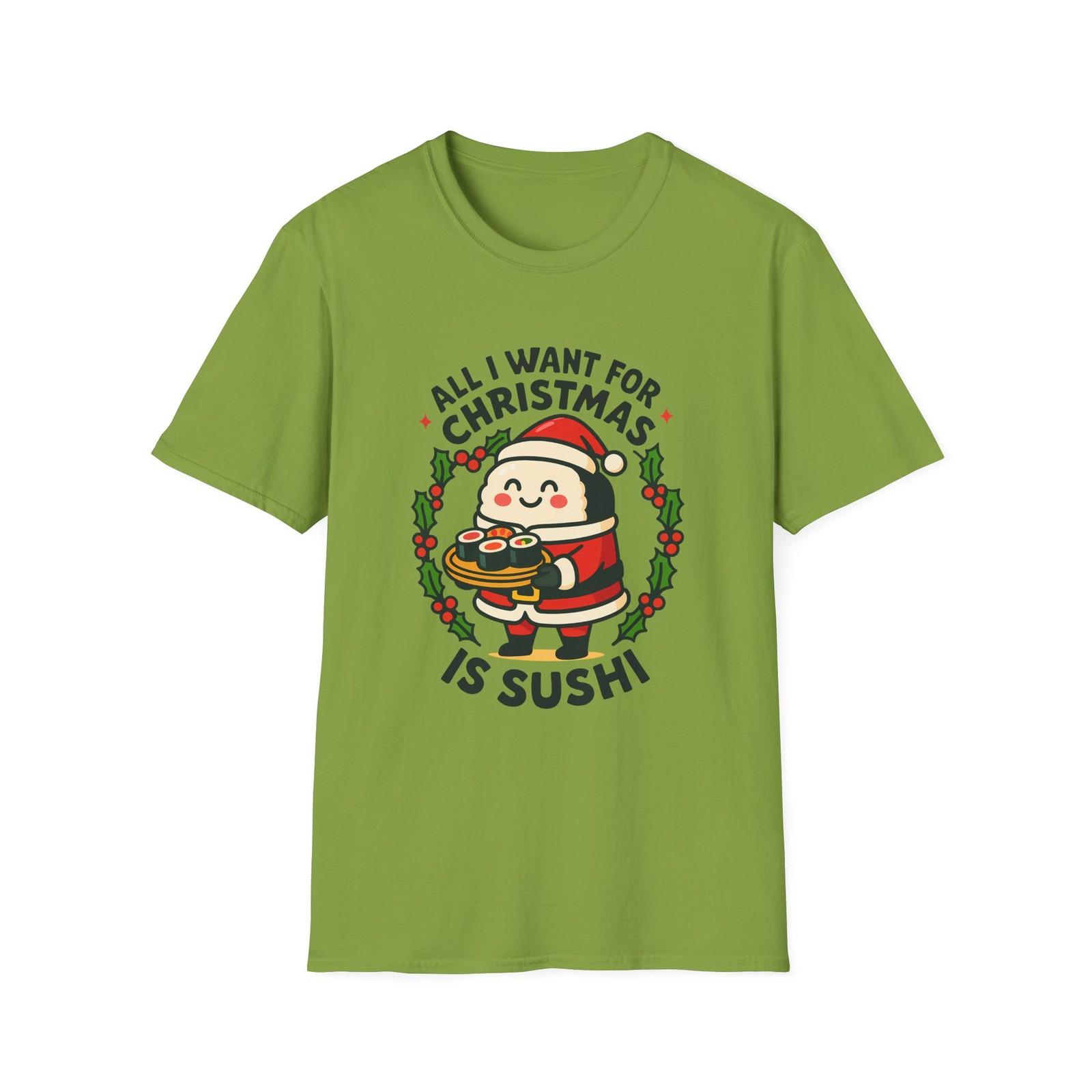 Unisex Softstyle T-Shirt Mens Womens Tees Top Funny Sushi Roll Santa Christmas Holiday Graphic Tee 2XL