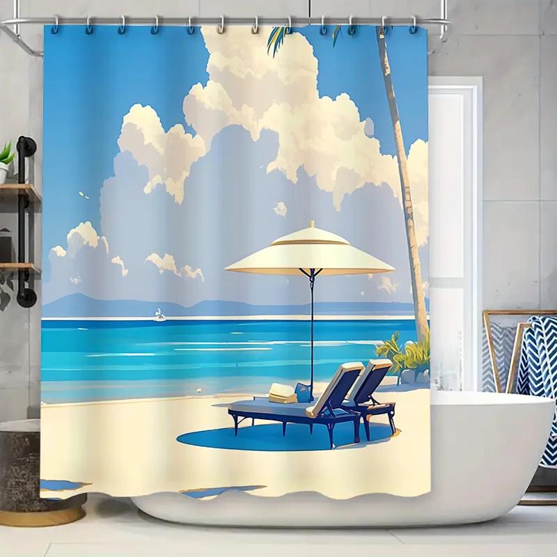 

Beach Leisure Life Shower Curtain For Home Decoration - Tropical Seaside Scene With Sunbeds And Umbrella Waterproof Durable W60H190(CM)-1 Pcs