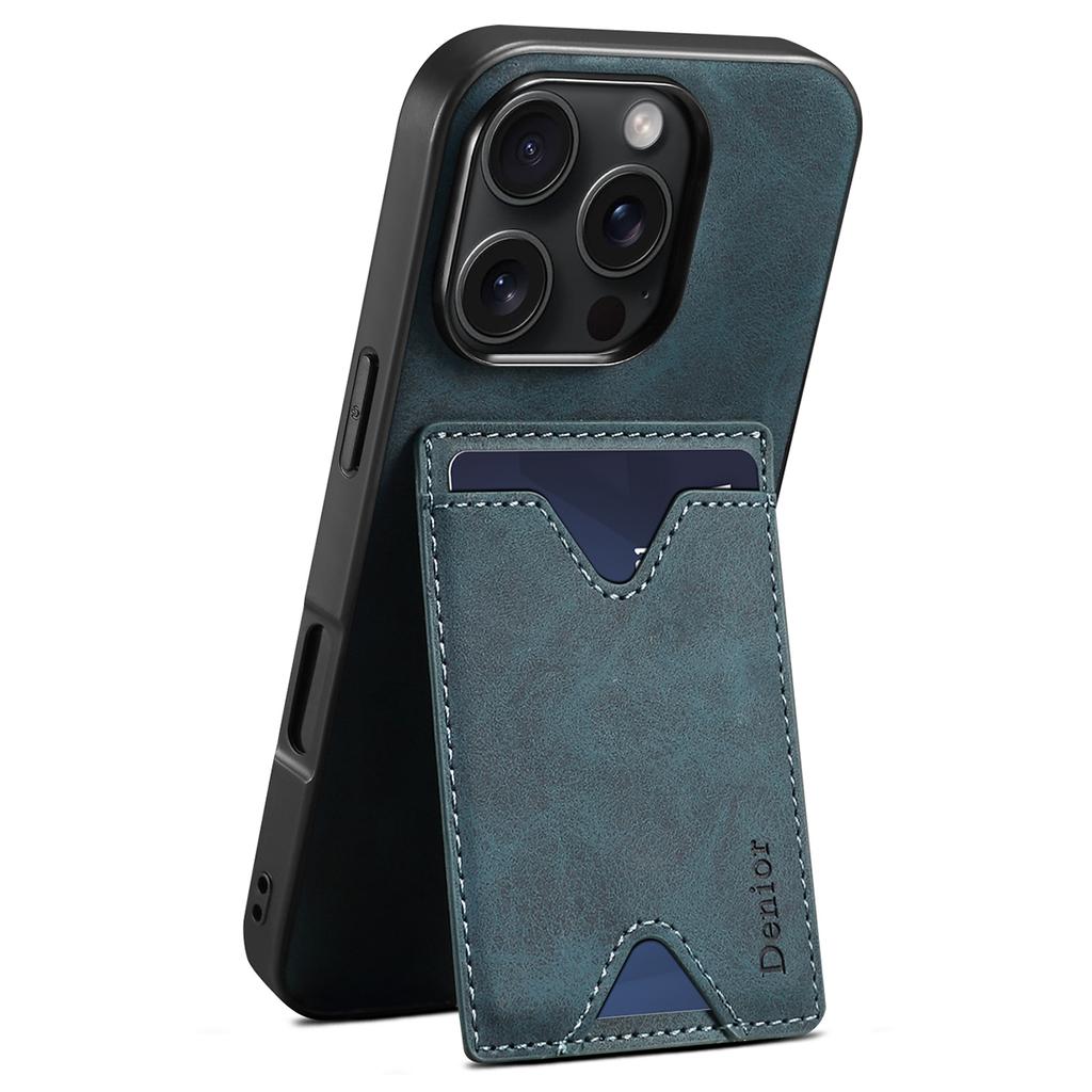 DENIOR For iPhone 16 Pro Case Leather+TPU Card Slot Kickstand Phone Cover