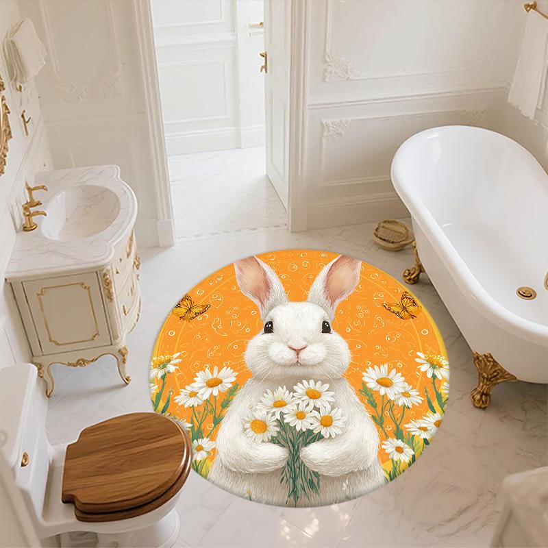 Rabbit and Flowers pattern round rug,Carpet Rug for Living Room Bedroom Sofa Playroom Decor,Non-slip Floor Mat,Holiday Gifts and Birthday Gifts
