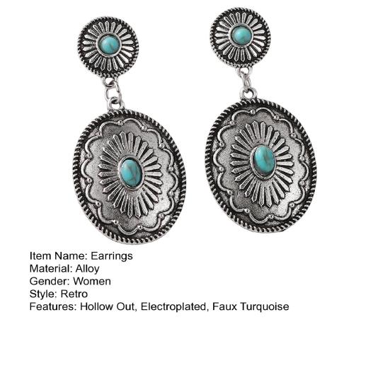 1 pereche de cercei suspendați pentru femei, etnică, formă rotundă, stil retro boem, turcoaz artificial, din aliaj inoxidabil, bijuterii, cercei lungi agățați.