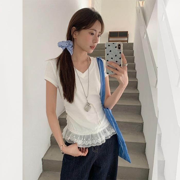 

Special offer, lace front shoulder V-neck pleated design waist T-shirt women s slim short top S