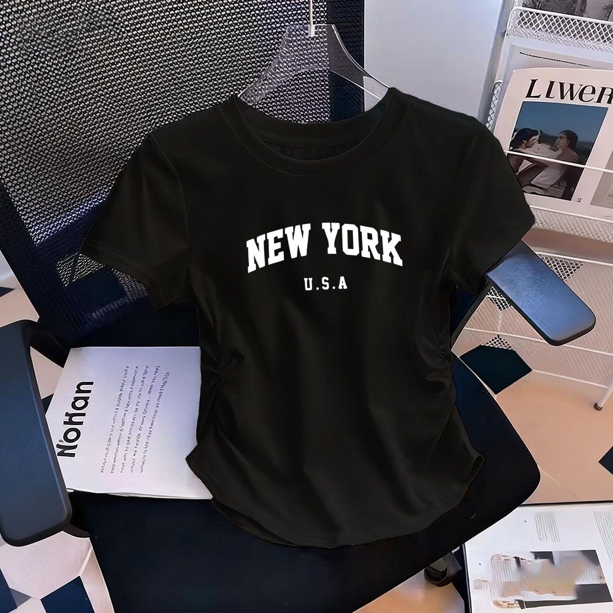 

Womens WaistDefining Elastic T Shirt New York USA printed Short Sleeve Round Neck top tee Graphic tshirts XL