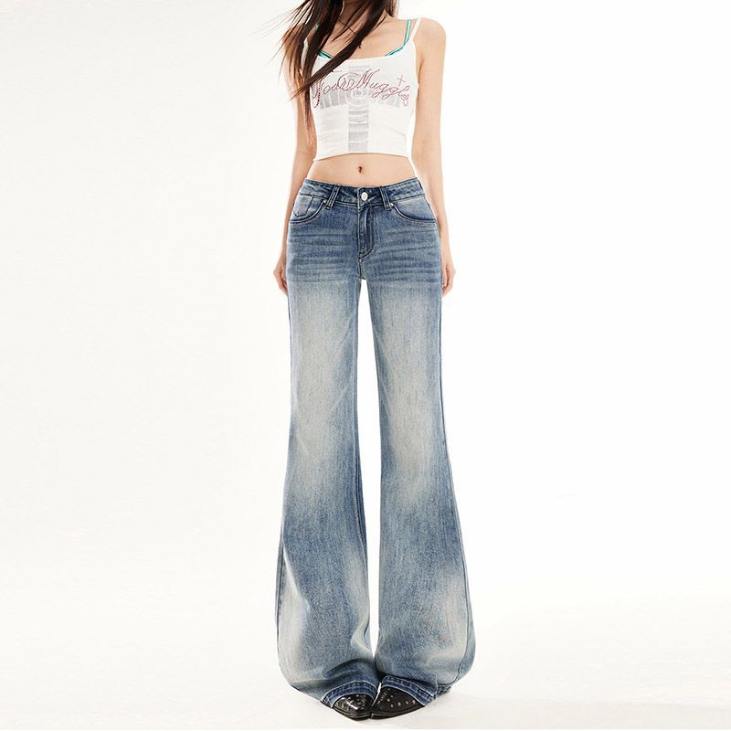 Spring Summer Low Waist Non Cling Light Blue Floor Micro Flare Denim Pants For Women Casual Pants Oversize Denim Trousers