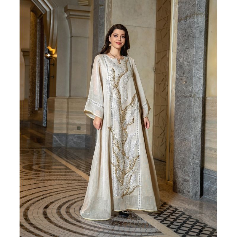 Dubai Arabic Turkish White Mesh Sequin Embroider Gown Dress Saudi Elegant Robe Dress