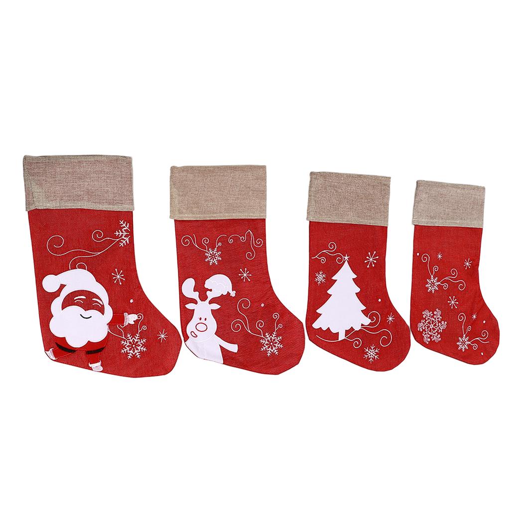 Christmas Stocking Decorative Cartoon Pattern Cuff Stocking Ornament for Tree Stairs Fireplace Red 4pcs