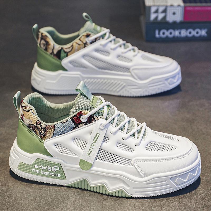 Color Matching Low-Top Lace-Up Outdoor Sports Shoes Men'S Mesh Breathable Thick-Soled Heightening Casual Men'S Board Shoes