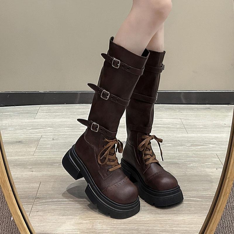 

Модные женские высокие сапоги кожаные туфли зимние дизайнерские на среднем каблуке туфли на платформе для женщин 2024 трендовые высокие сапоги для элегантных женщин 40 коричневый