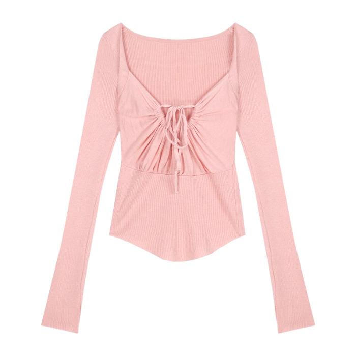 Spice Girl Sexy Foreign Style Fashion Drawstring Strap Square Neck Long Sleeve T-Shirt Autumn New Flared Sleeve Slim Skinny Top