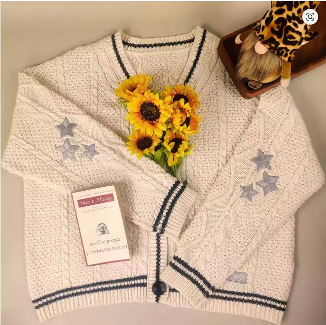 

Winter Loose Knitted Cardigans Coat Women Star Embroidery Y2K Sweaters Streetwear Vintage Casual Single Breasted Long Sleeve Top XS