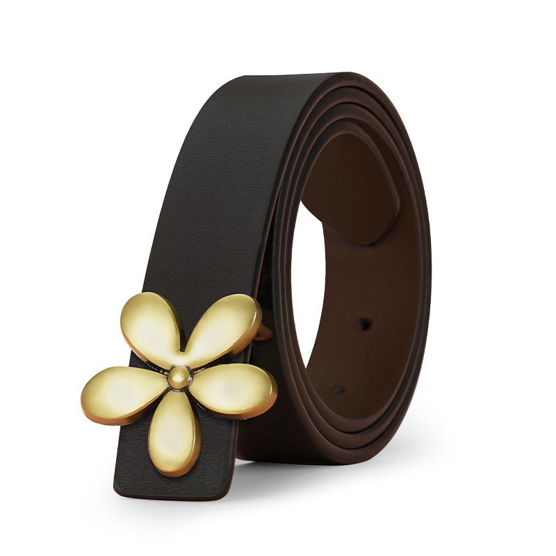 Leather Belt Formal Suit Casual Pants Belt Women's Waist Belt Slim Flower Smooth Plate Buckle