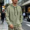 Men's Long Sleeve Hoodie Shirt Linen Drawstring Button Front Pullover Casual Loose Fit Lightweight Top for Spring Autumn