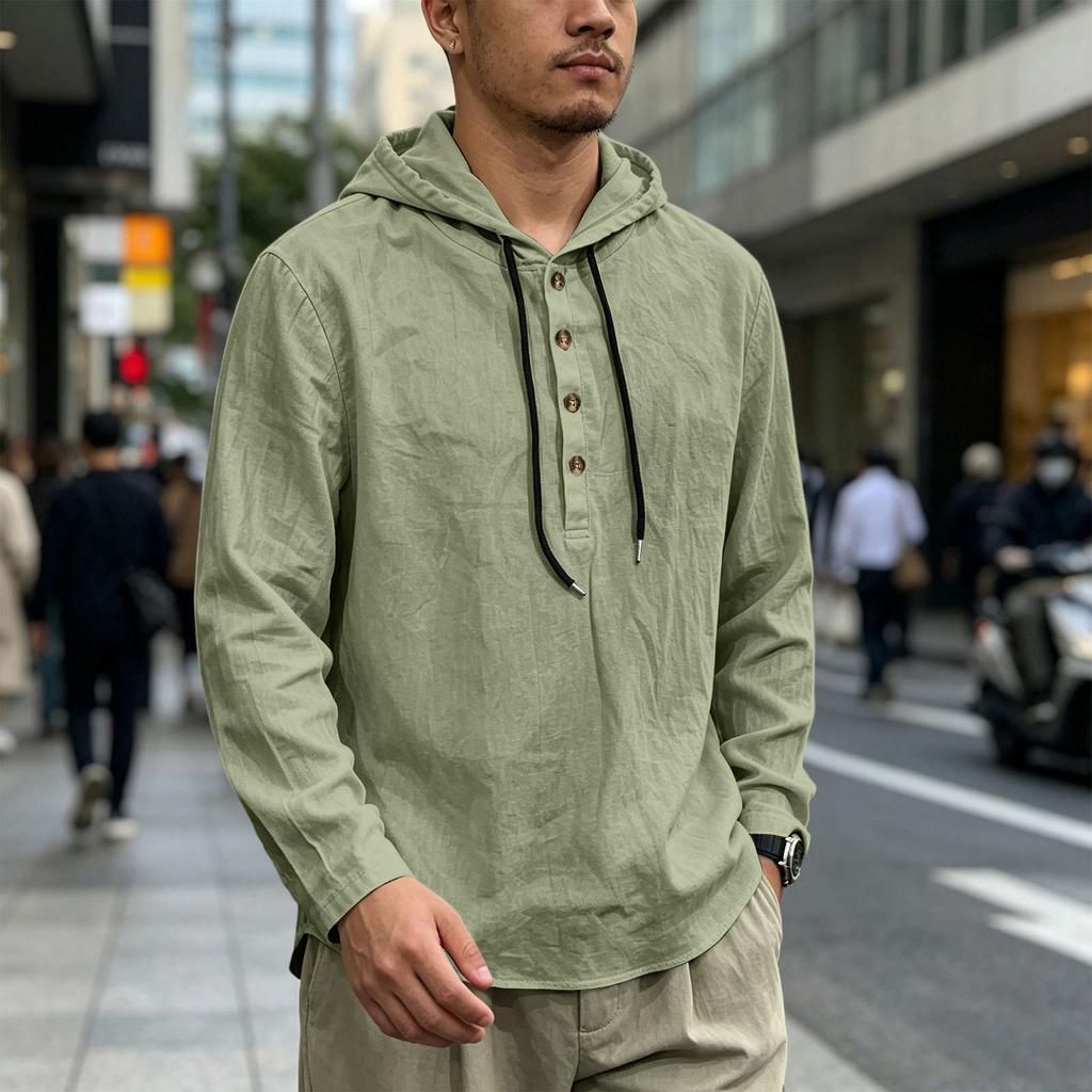 Men's Long Sleeve Hoodie Shirt Linen Drawstring Button Front Pullover Casual Loose Fit Lightweight Top for Spring Autumn