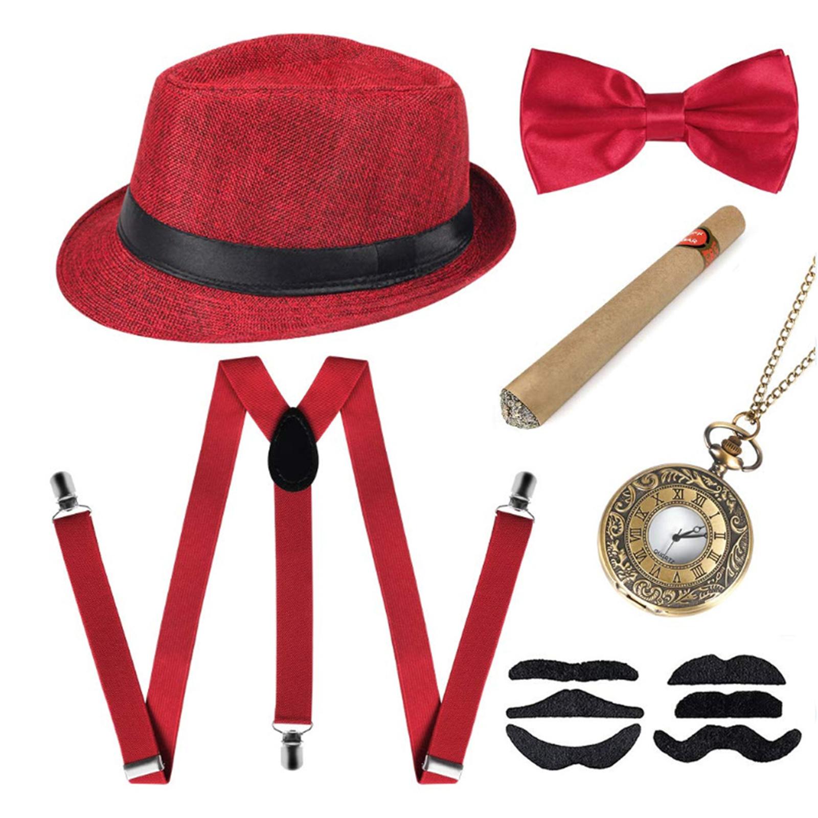 

Retro Cosplay Women Gangster Costume, Hat, Tie,Tie Clips, Pocket Watch 1920s Men Costume Fancy Dress Accessories Sets 5