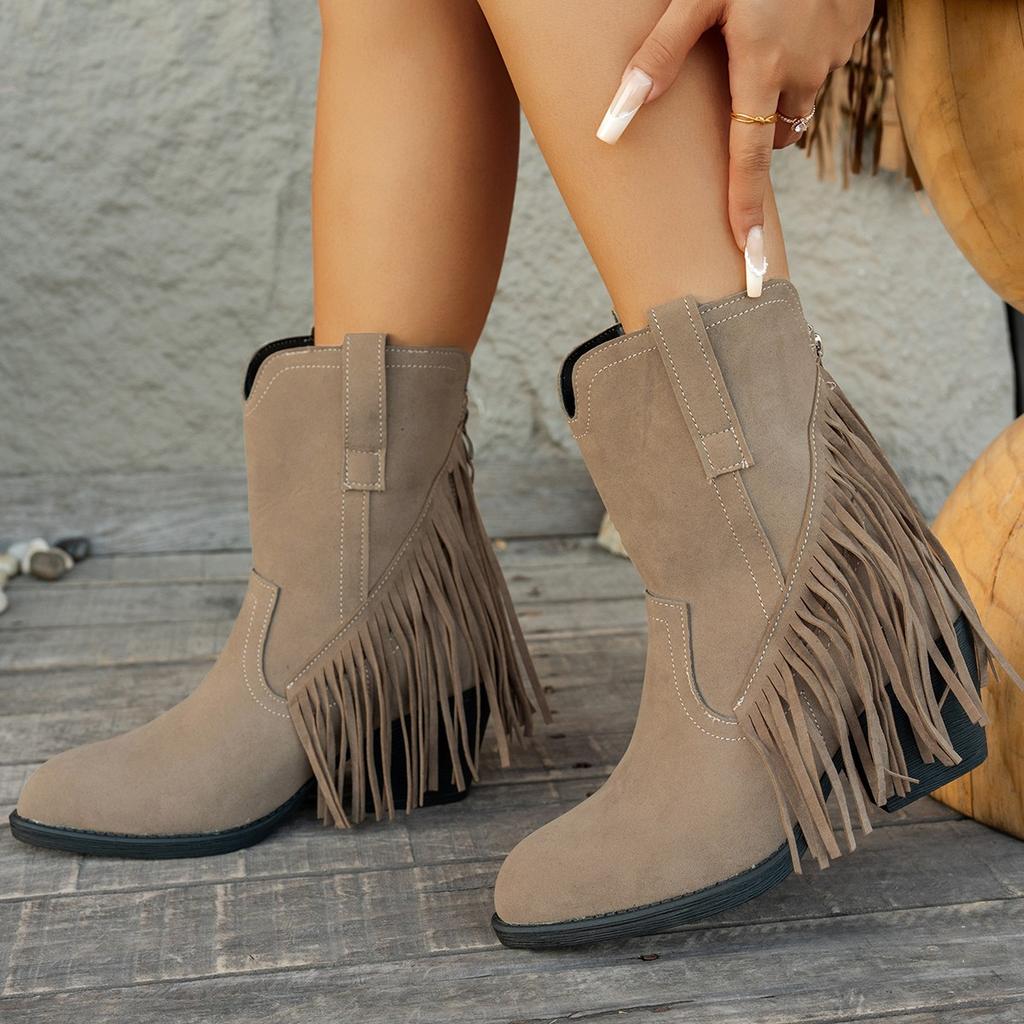 Tassel boots round head thick heel short boots 2025 autumn new high heels rear zipper cow flip