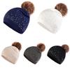 Fashion Women Knitting Wool Hemming Hat Rhinestone Keep Warm Winter Hairball Cap