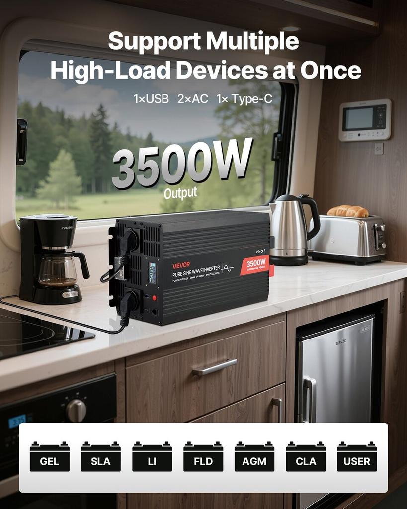 3500W Wechselrichter, 12V DC auf 230V AC Reiner Sinus-Wechselrichter, Solar Auto Ladekonverter mit LCD-Display, Fernbedienung, USB-Anschluss, 2 AC-Steckdosen,