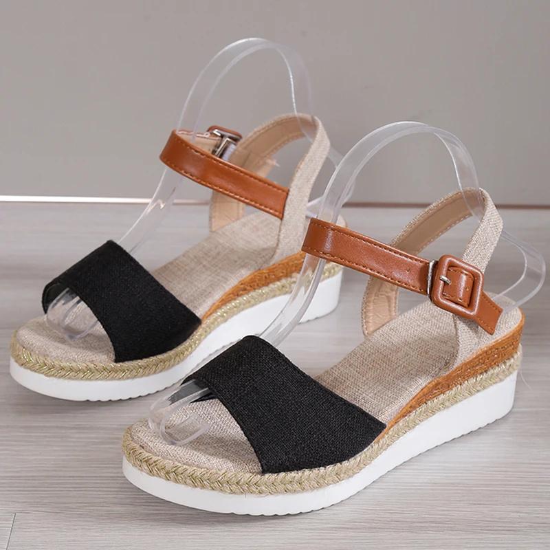 Fashion 2025 Women's Sandals Peep Toe Wedges Heels Sandals Summer Shoes Woman Low Platform Sandalias Mujer Non-slip Hemp Heeled Shoes