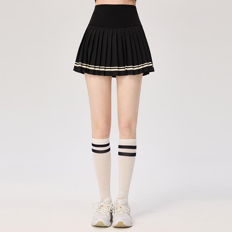 Women's Slim Fit College Style Tennis Set: Long Sleeve Top & Striped Pleated Skirt