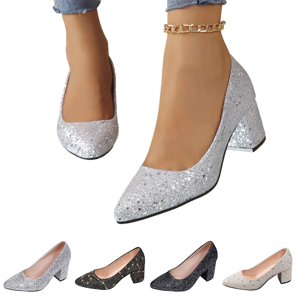 Women's Glitter Block Heel Pumps