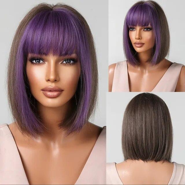 Short Orange Straight Bob Hair Synthetic Wigs with Bangs Orange Colorful Cosplay Party Wig for Women Heat Resistant Fiber Daily