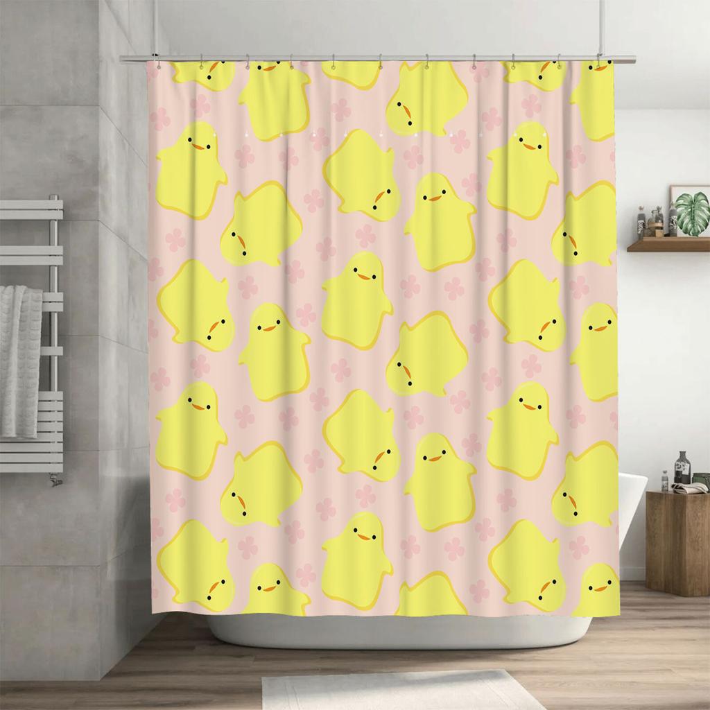 Pink Yellow Duck Printed Shower Curtain Waterproof Fabric for Bathroom Decorative Backdrops (Large)