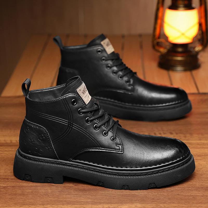 

Мужские ботинки, осенняя кожаная повседневная обувь с высоким берцем, модная хлопковая обувь, ботильоны на плоской подошве, деловая уличная обувь, мужские кроссовки, новые 44 чёрный