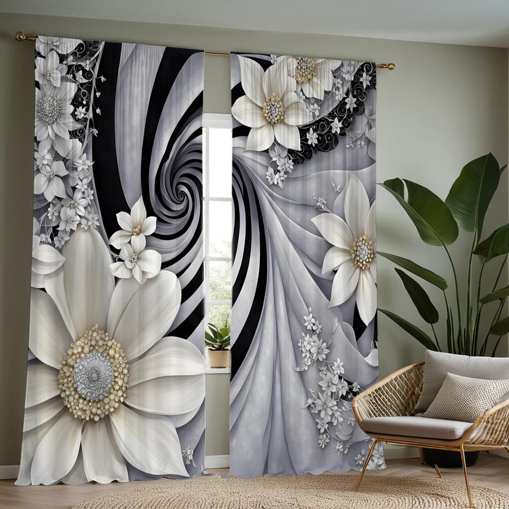 2-piece HD Digital White Light Luxury Senior Peony Curtain Home Decoration Style Decoration Living Room Bedroom Wear Rod Curtain