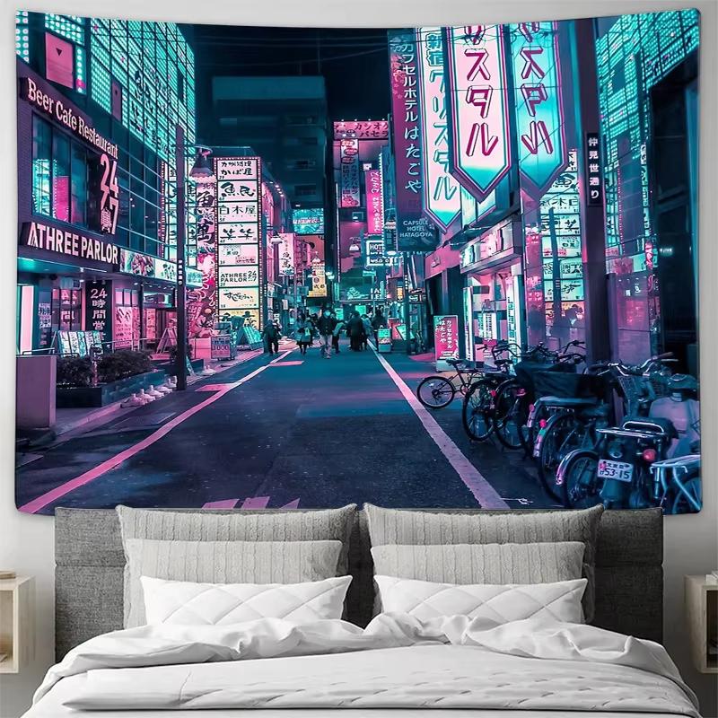 Japanische Stadtlandschaft Cyberpunk Wandteppich Vaporwave Anime Wandbehang für Schlafzimmer Wohnzimmer Ästhetische Raumdekoration